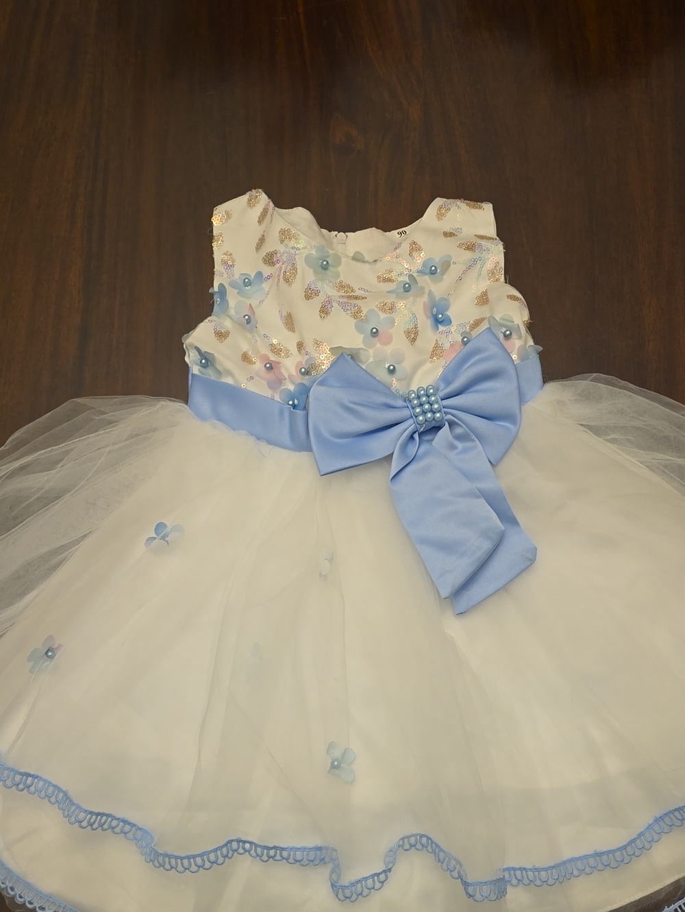 Girls White Tulle Party Dress with Light Blue Bow